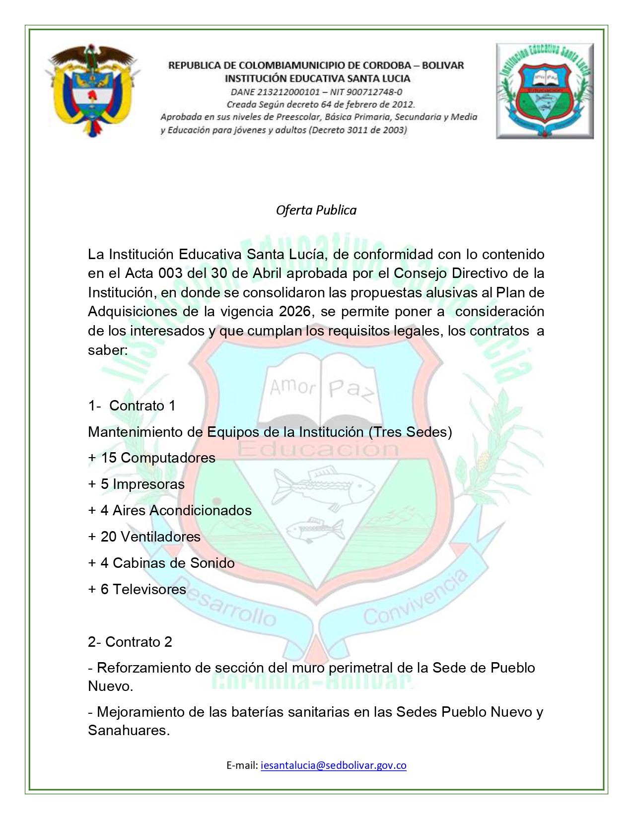 Oferta para contratar con IE Santa Lucía 1
